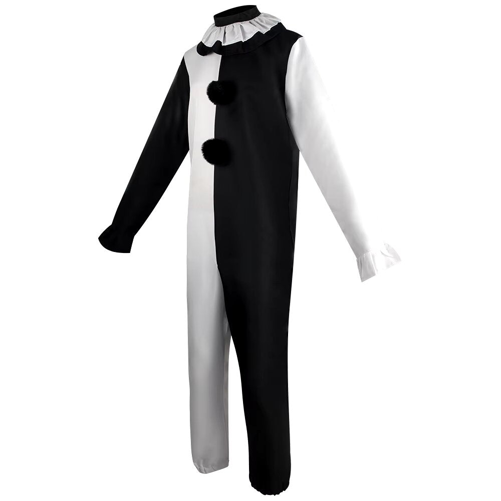 Costume harlequin noir et blanc avec col à volant et pompons, vue de profil