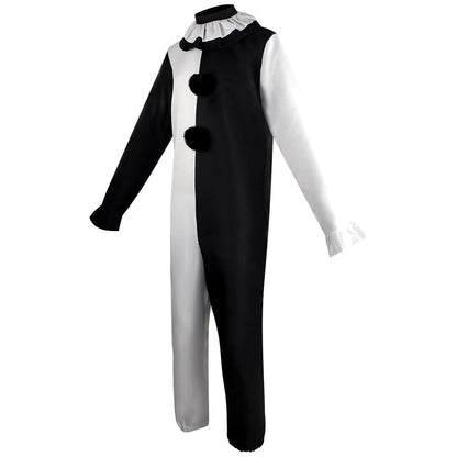 Costume harlequin noir et blanc avec col à volant et pompons, vue de profil