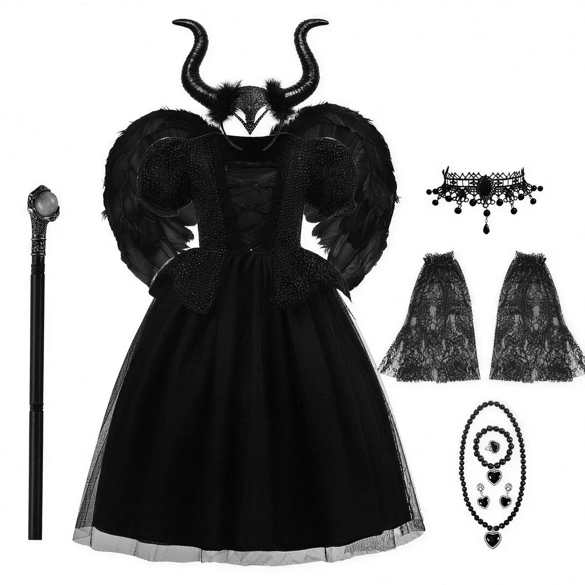 Ensemble complet de costume de reine maléfique avec cornes, ailes, bâton et bijoux