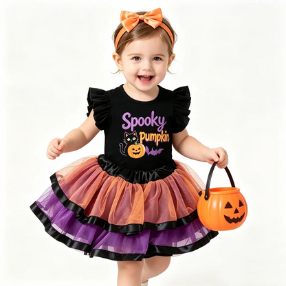 Ensemble tutu Halloween bébé, jupon violet et orange, haut avec message Halloween brodé