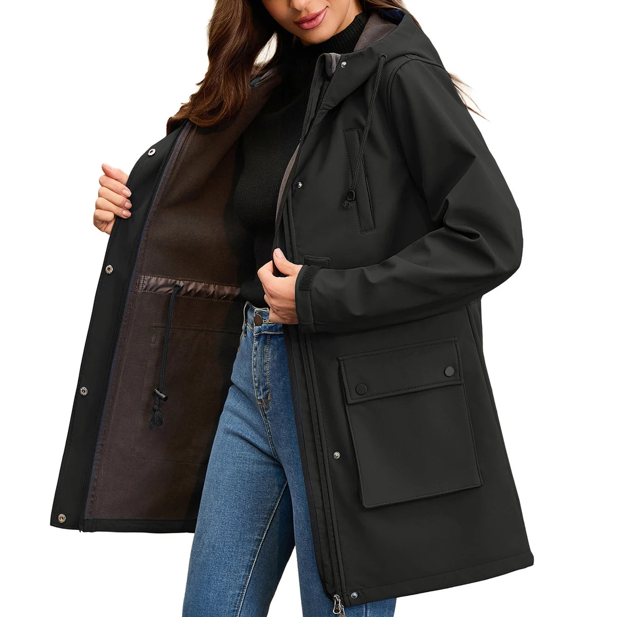 Trench imperméable femme à capuche, coloris noir