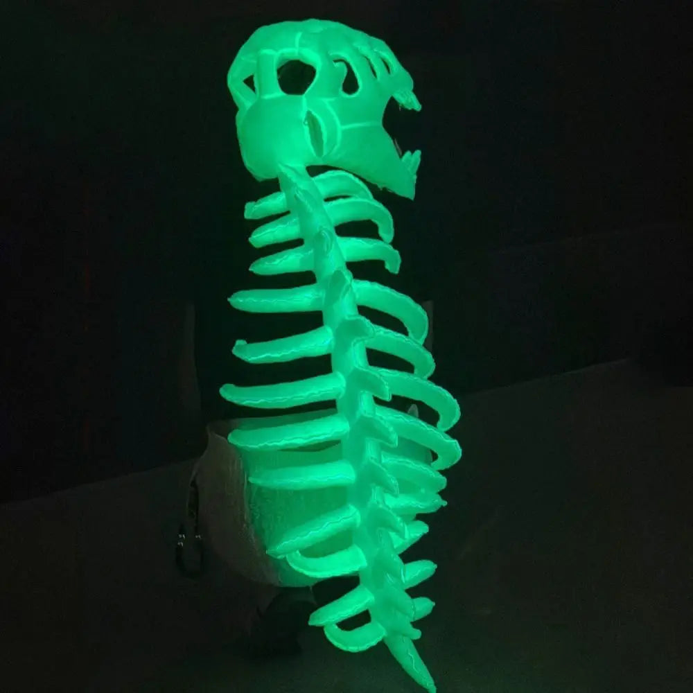 Serre-tête squelette de dinosaure phosphorescent, vue de dos montrant la colonne vertébrale