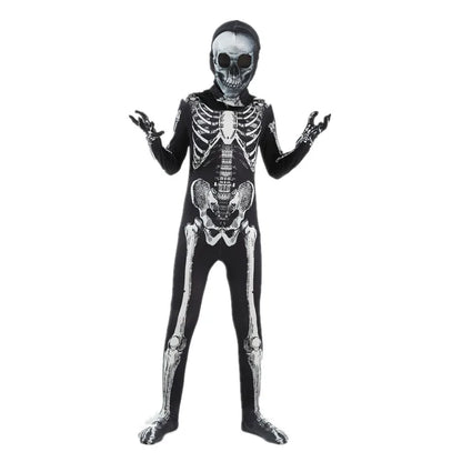 Costume de squelette pour enfant, vue de face avec capuche masque tête de mort