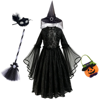 Ensemble déluxe robe gothique avec chapeau, balai, masque et sac citrouille