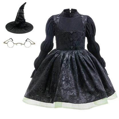 Costume de sorcière gothique fille avec robe noire, chapeau pointu et lunettes rondes