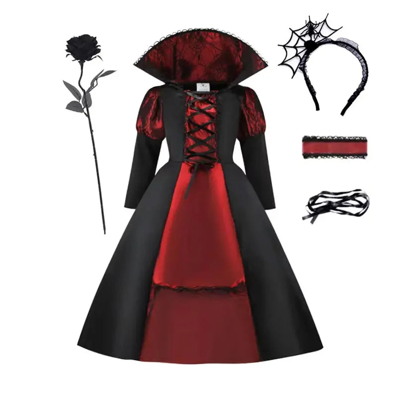Robe de costume mariée vampire pour fille avec serre-tête, rose et gants