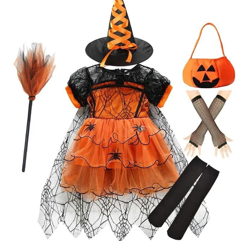 Robe orange toile d'araignée avec chapeau, sac citrouille et leggings, ensemble complet