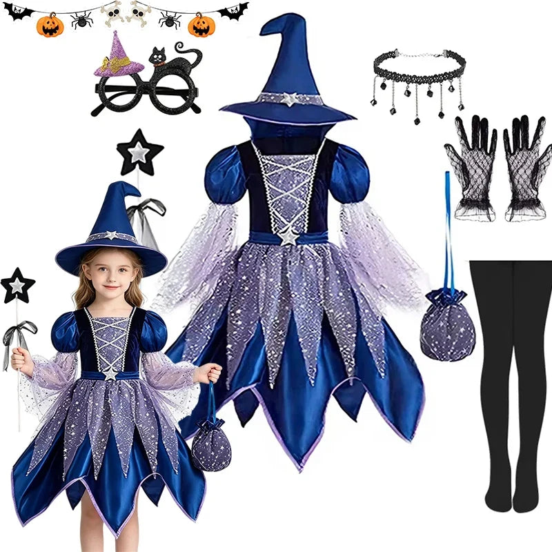 Ensemble déguisement de sorcière étoilée pour fille à plat, robe, chapeau, gants, collier et sac