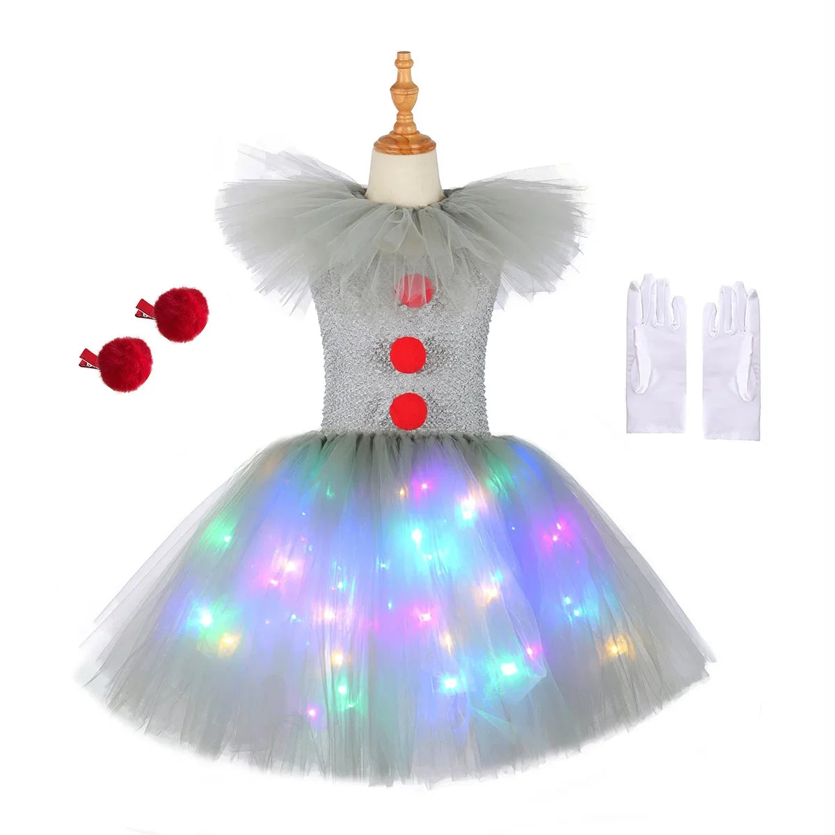 Robe tutu de clown lumineuse portée avec des gants blancs