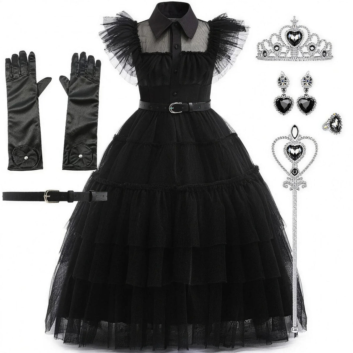 Robe noire gothique pour fille avec ceinture et bijoux fantaisie