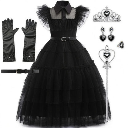 Robe noire gothique pour fille avec ceinture et bijoux fantaisie