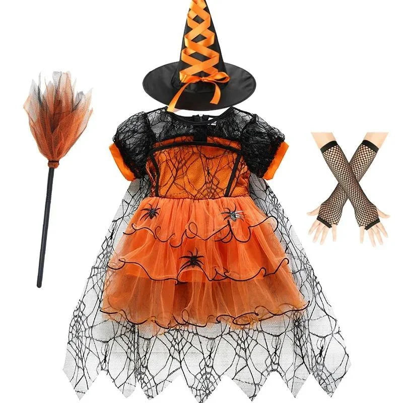 Robe orange toile d'araignée avec chapeau de sorcière et balai, ensemble complet