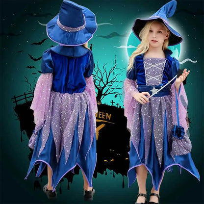 Vue de face et de dos de la robe de sorcière étoilée avec chapeau et sac à cordon