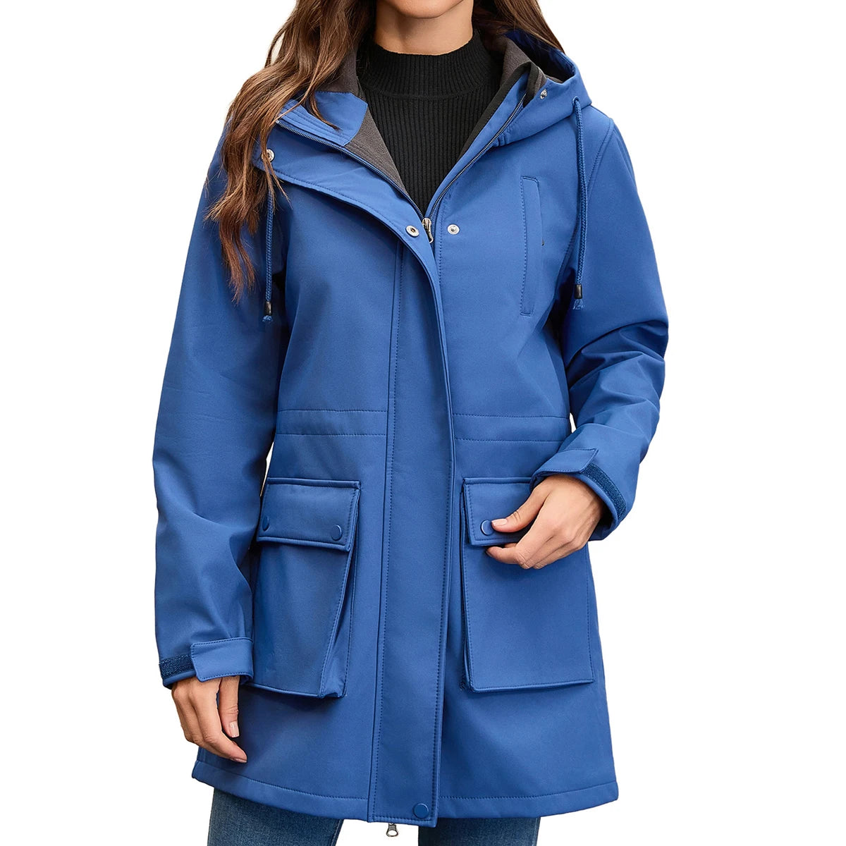 Trench imperméable femme à capuche, coloris bleu