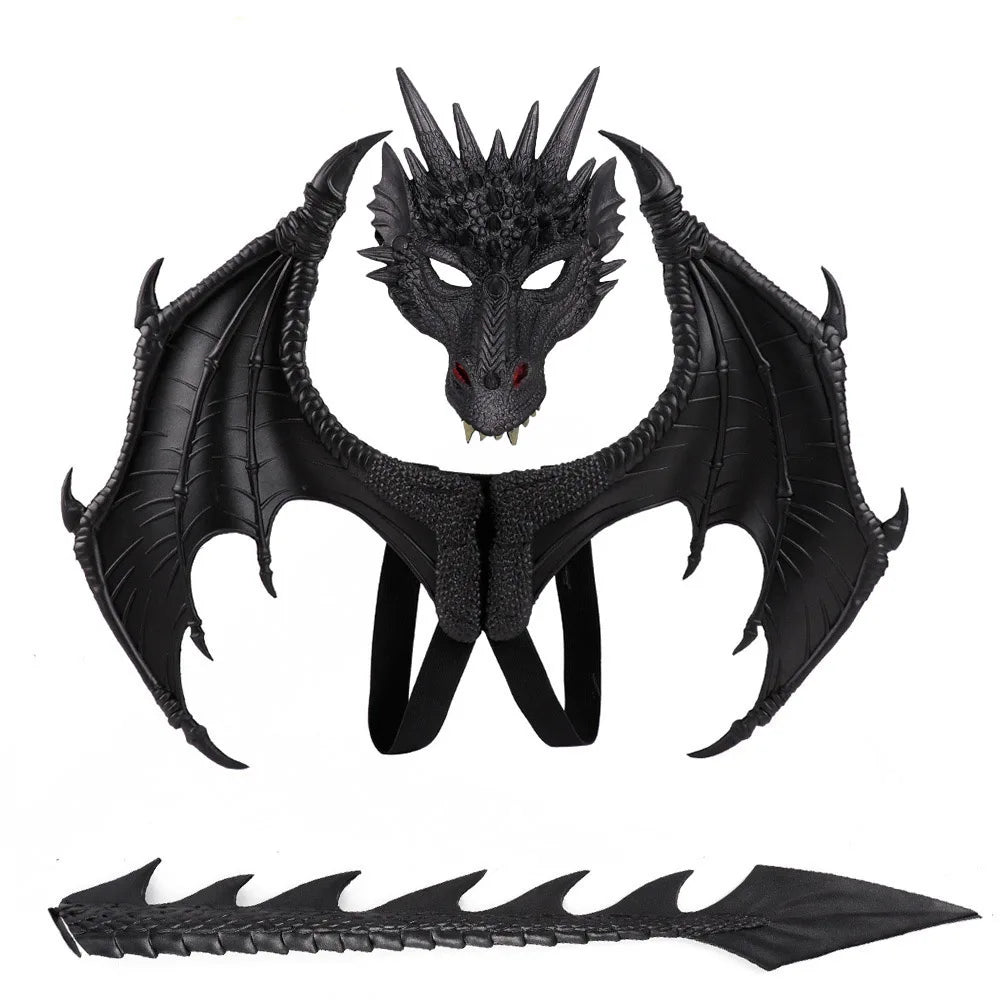 Costume cosplay dragon noir avec masque, ailes et queue