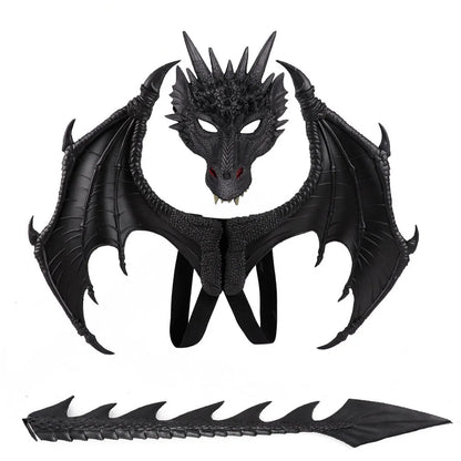 Costume cosplay dragon noir avec masque, ailes et queue