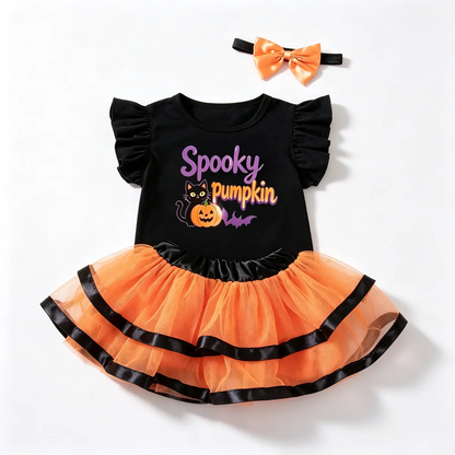 Ensemble tutu Halloween bébé, jupon orange et noir, haut imprimé citrouille souriante