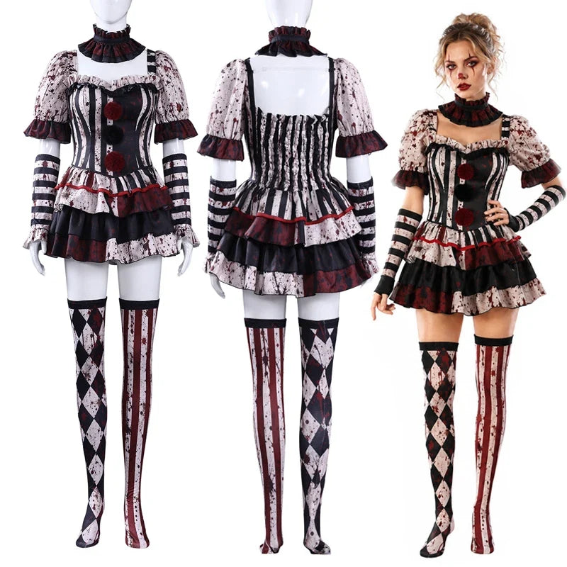 Costume clown effrayant femme, vues avant, dos et porté