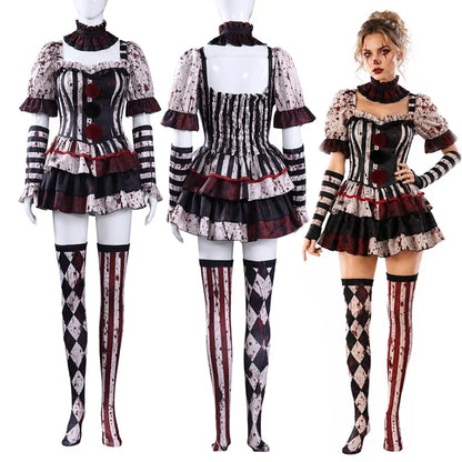 Costume clown effrayant femme, vues avant, dos et porté