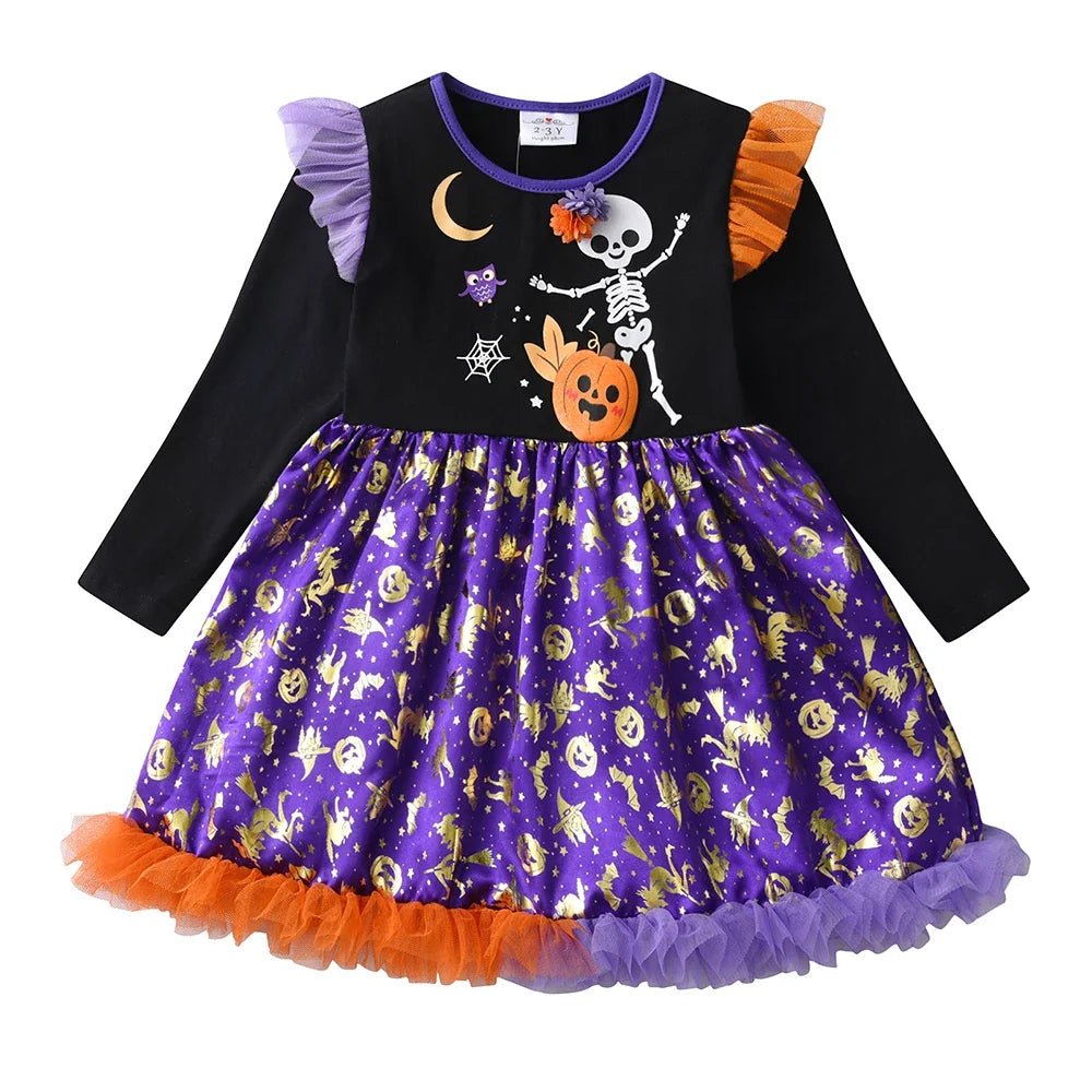 Robe de fête Halloween squelette et citrouille pour filles, à plat