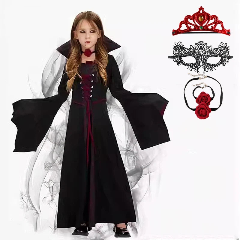 Robe de reine vampire avec tiare, masque et collier en forme de rose