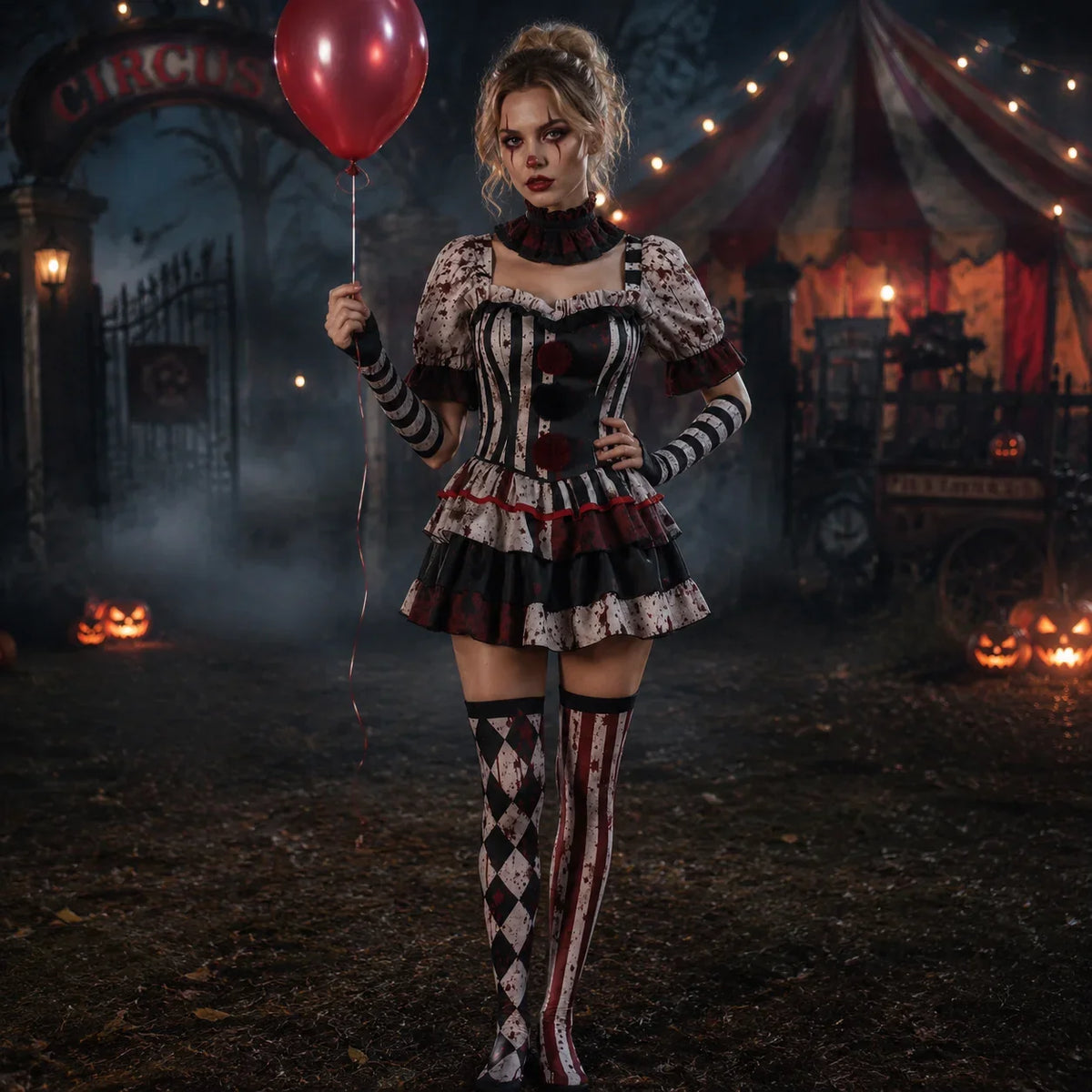 Costume clown effrayant femme porté en ambiance Halloween nocturne