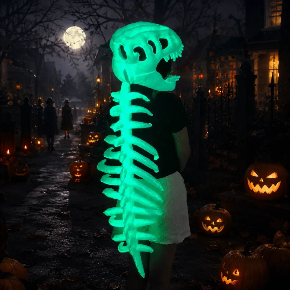 Costume squelette de dinosaure qui brille dans une scène nocturne d'Halloween