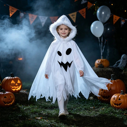 Fille portant une cape de fantôme blanche à capuche, mise en situation pour Halloween