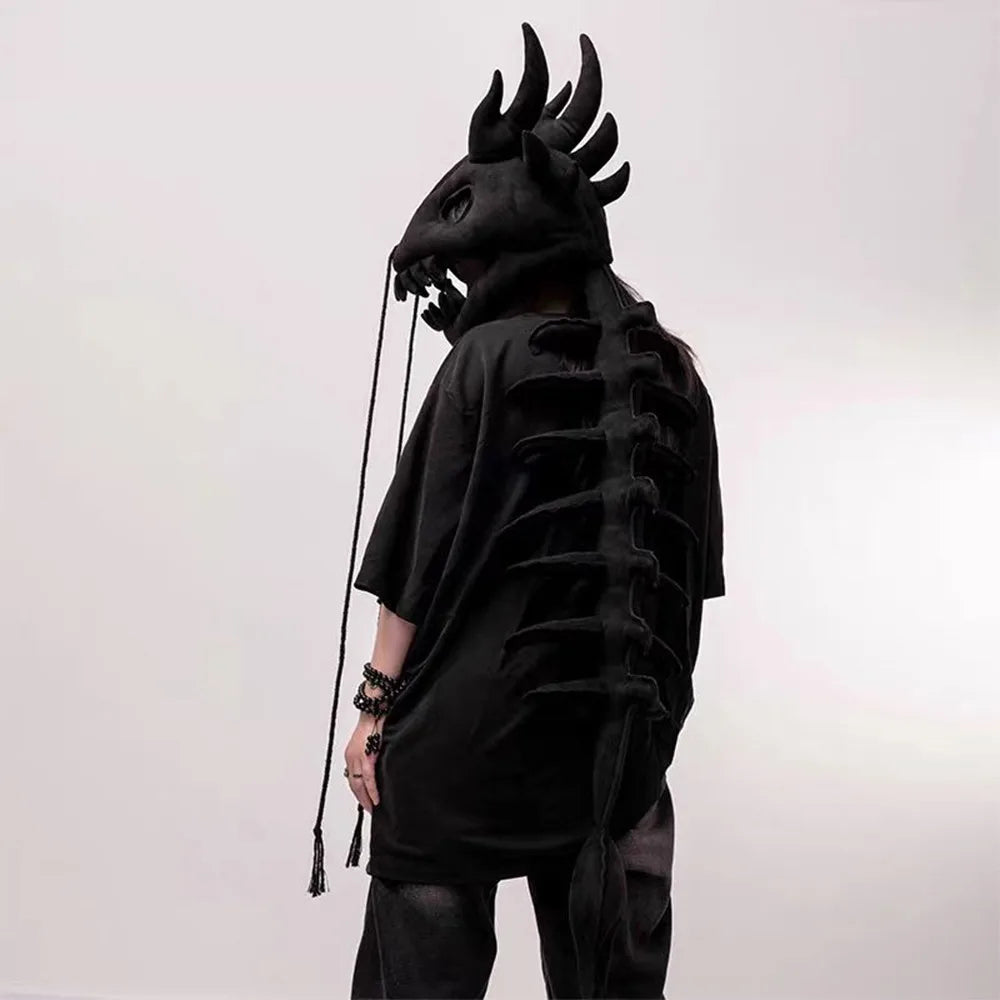Cagoule squelette de dinosaure en peluche, coloris noir