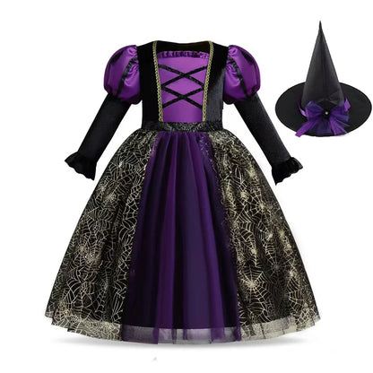 Robe de costume de sorcière violette à toile d'araignée avec chapeau assorti