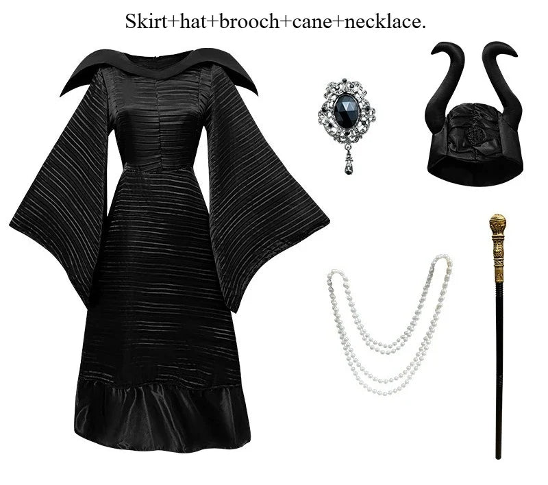 Composition ensemble 5 pièces : jupe, chapeau, broche, canne et collier