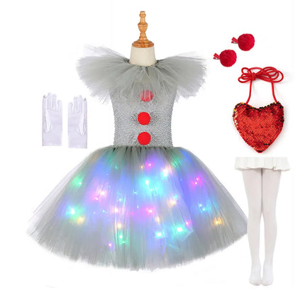 Robe tutu de clown lumineuse avec gants, perruque et sac à bonbons cœur rouge