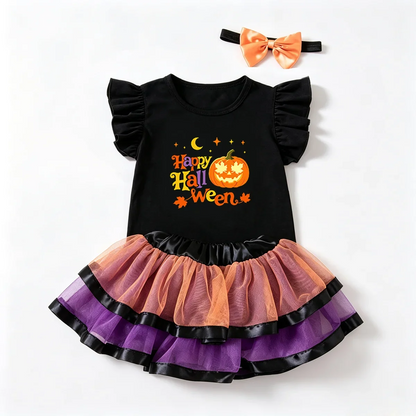 Ensemble tutu Halloween bébé, jupon violet et orange, haut imprimé citrouille souriante