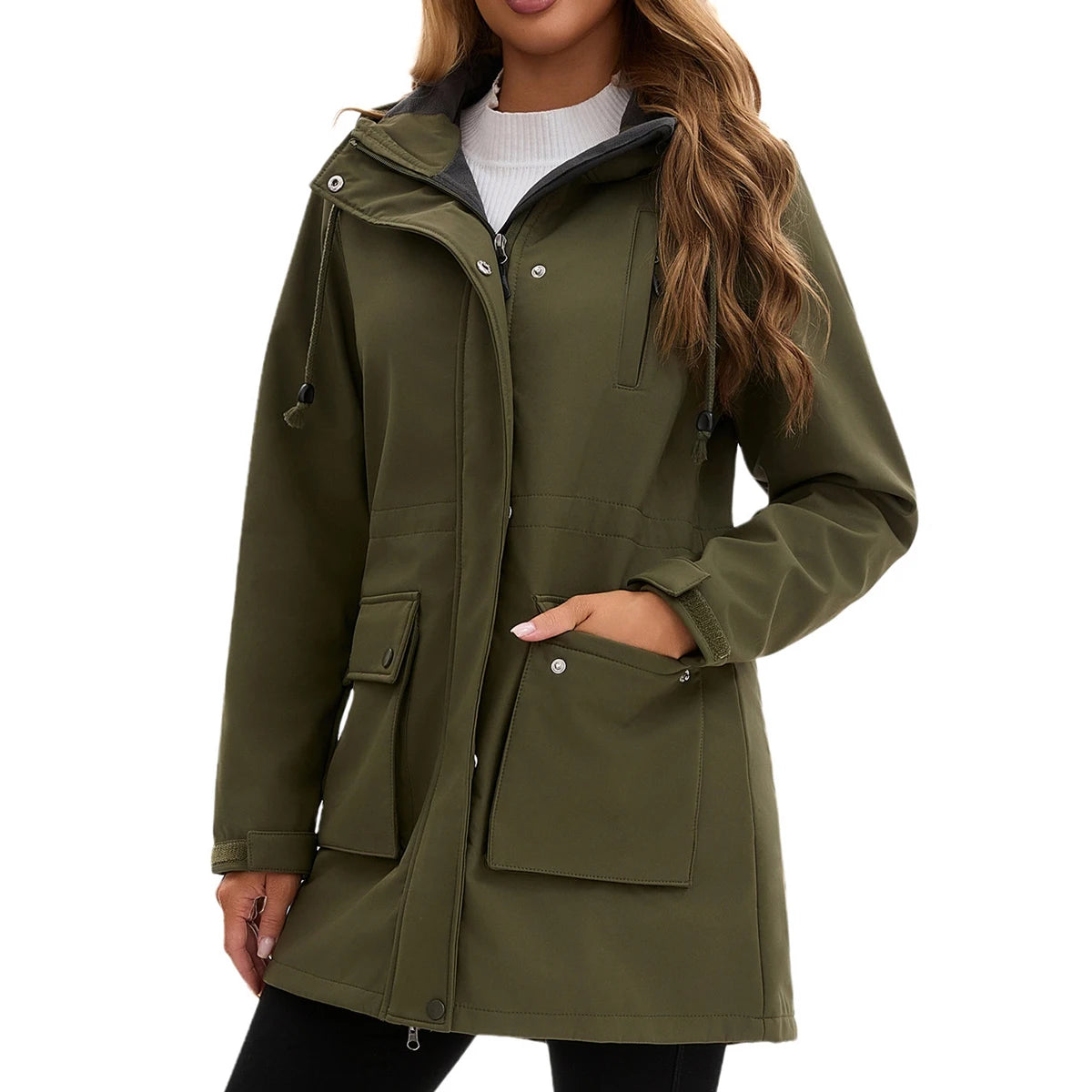 Trench imperméable femme à capuche, coloris vert kaki