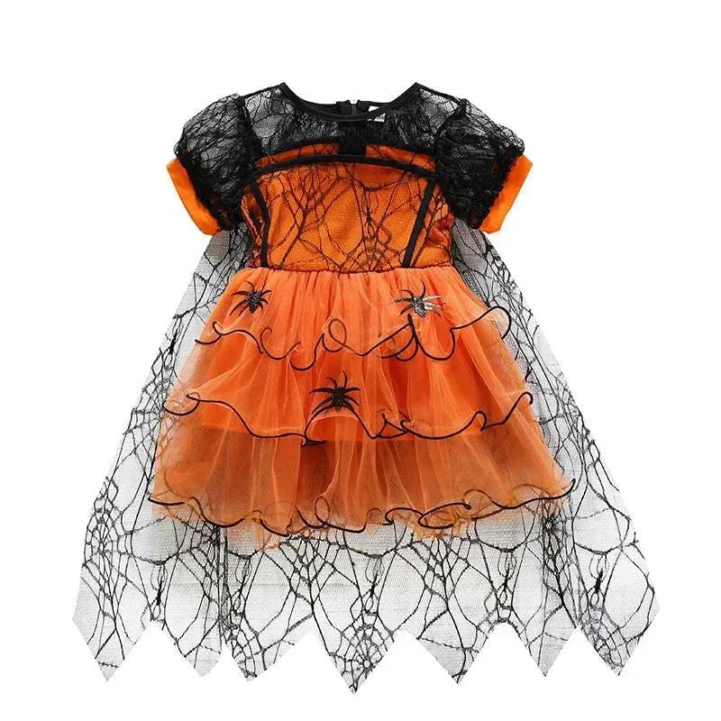 Robe de costume sorcière toile d'araignée orange pour fille, vue de face