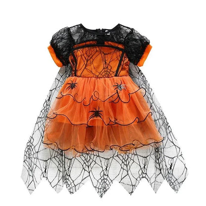 Robe de costume sorcière toile d'araignée orange pour fille, vue de face