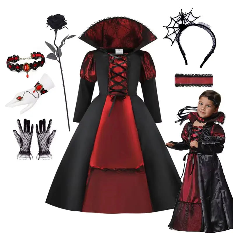 Robe de costume mariée vampire rouge et noire pour fille, robe seule