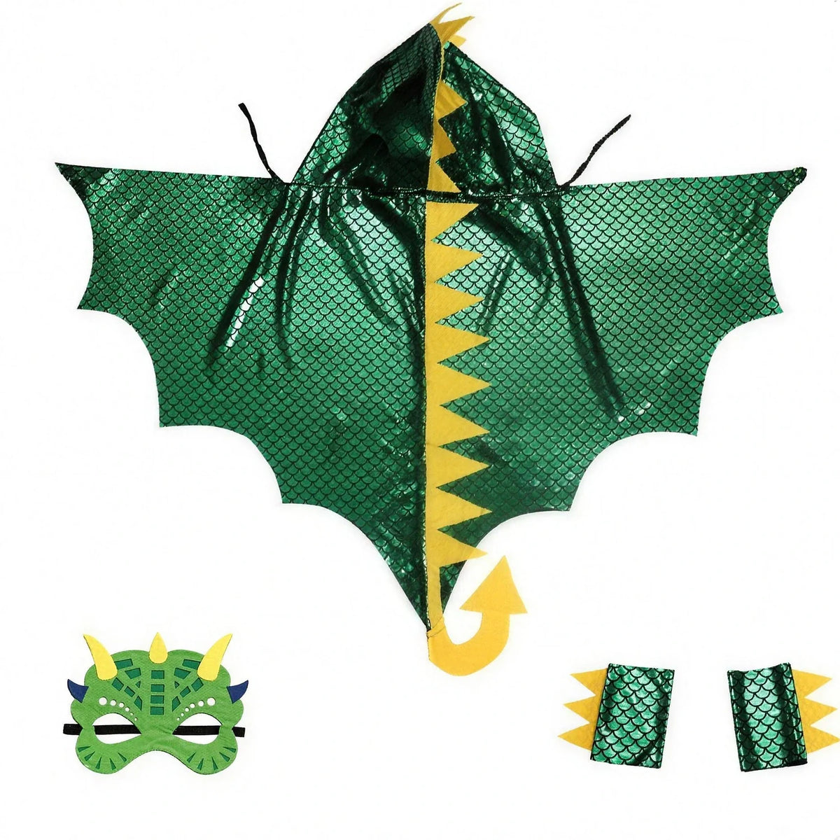 Cape à capuche dragon vert avec masque et bracelets assortis