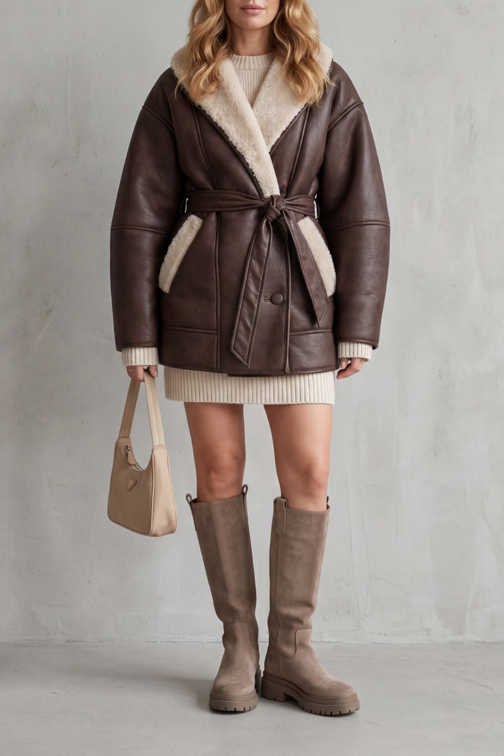 Manteau femme ceinturé en cuir synthétique marron, vue de face