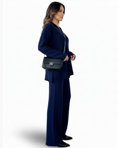 Ensemble Deux Pièces Femme – Pull Col Polo & Pantalon Évasé – Élégance Décontractée