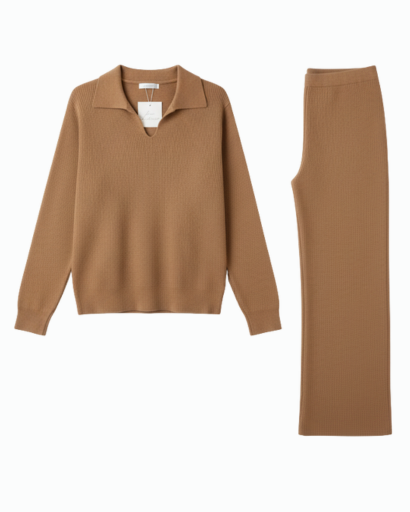 Ensemble Deux Pièces Femme – Pull Col Polo & Pantalon Évasé – Élégance Décontractée