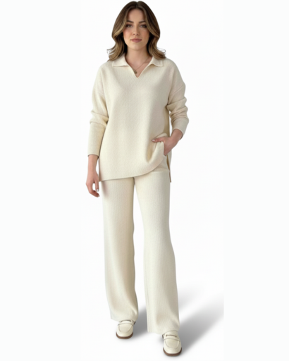 Ensemble Deux Pièces Femme – Pull Col Polo & Pantalon Évasé – Élégance Décontractée