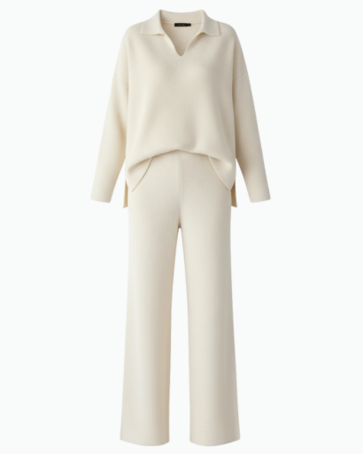 Ensemble Deux Pièces Femme – Pull Col Polo & Pantalon Évasé – Élégance Décontractée