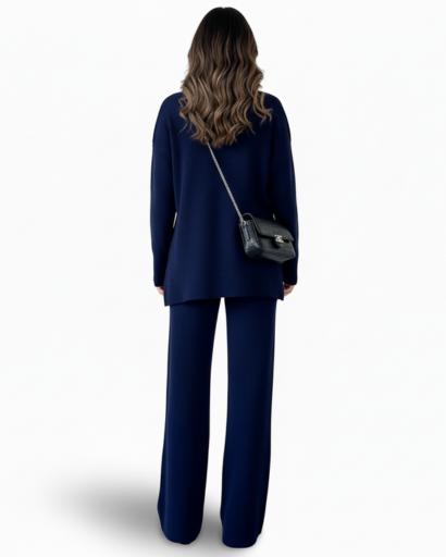 Ensemble Deux Pièces Femme – Pull Col Polo & Pantalon Évasé – Élégance Décontractée