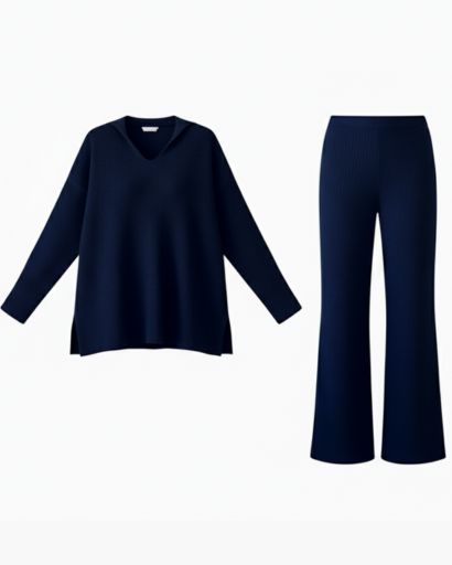 Ensemble Deux Pièces Femme – Pull Col Polo & Pantalon Évasé – Élégance Décontractée