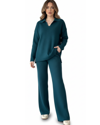 Ensemble Deux Pièces Femme – Pull Col Polo & Pantalon Évasé – Élégance Décontractée
