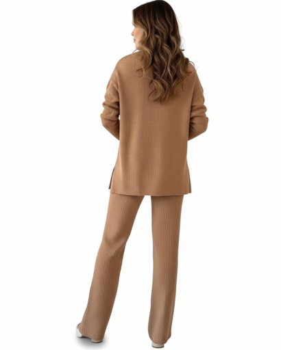 Ensemble Deux Pièces Femme – Pull Col Polo & Pantalon Évasé – Élégance Décontractée