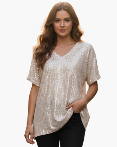 Top pailleté à col V