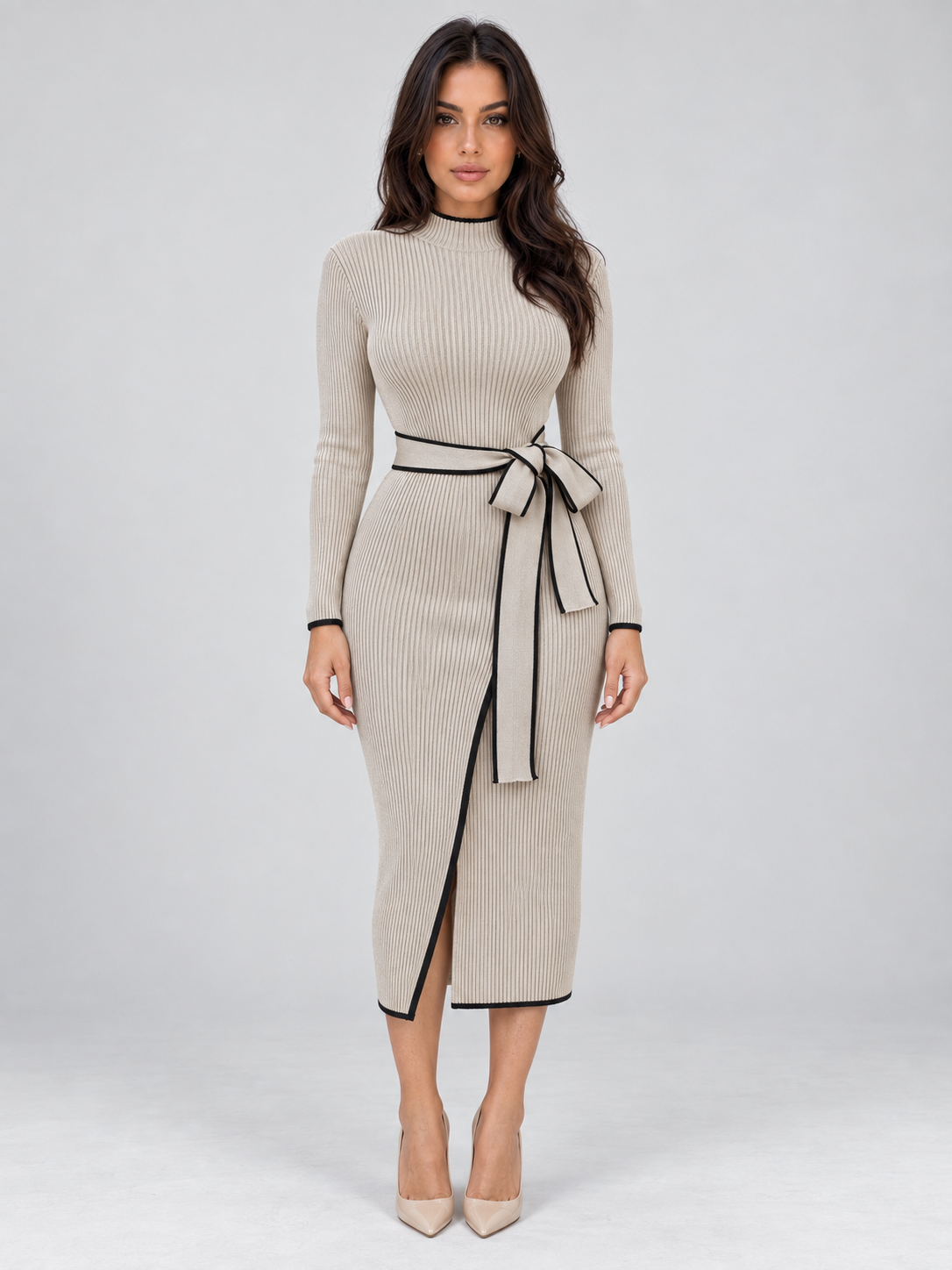 robe midi côtelée beige femme, vue de face