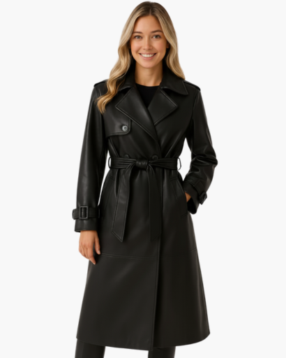 Trench Coat Femme en Cuir – Long, Chic & Intemporel